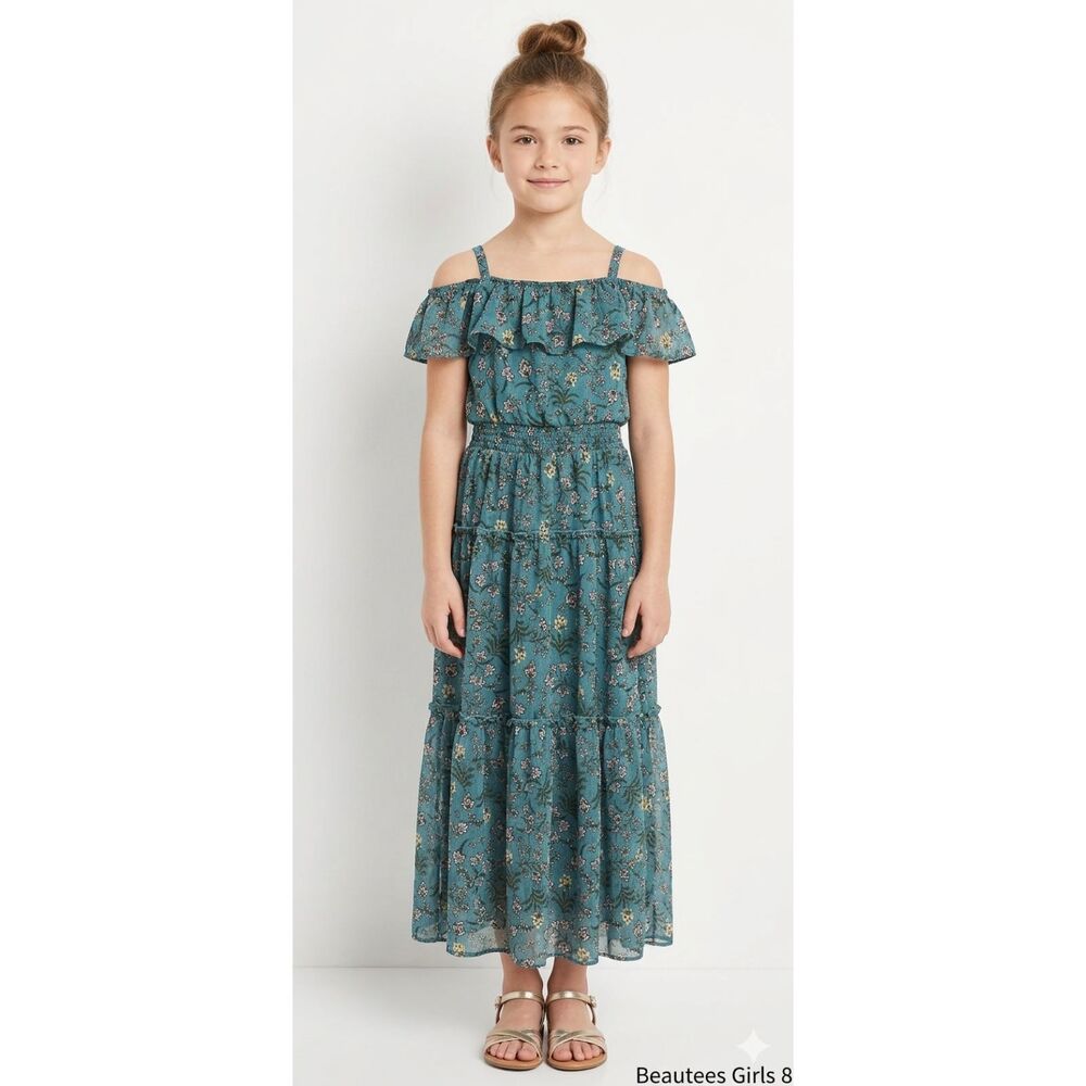 Beautees Girls SZ 8 Teal Floral Off Shoulder Tiered Maxi Dress Boho Cottagecore